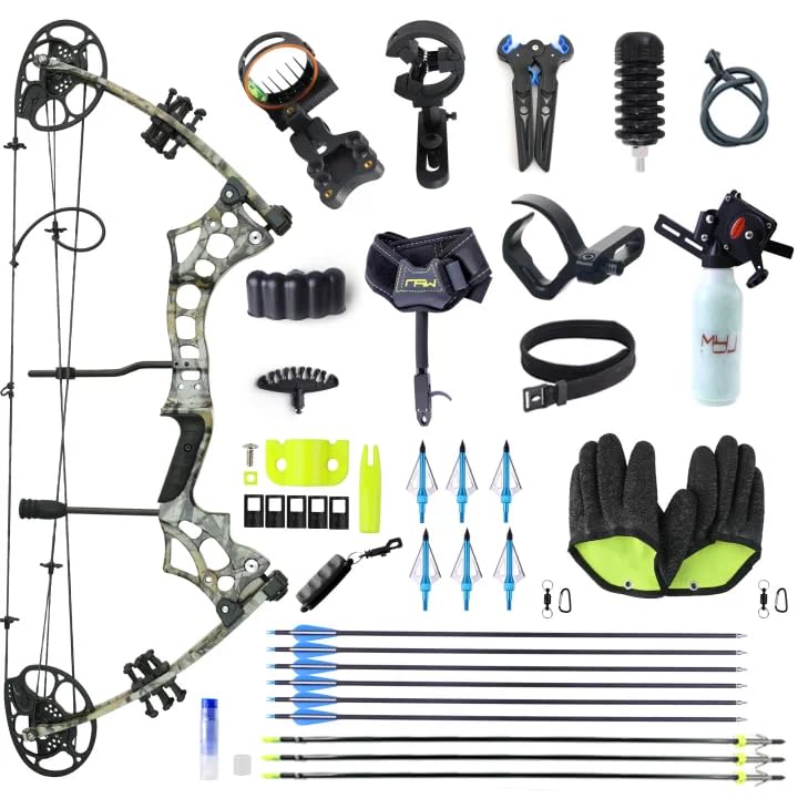 30 65LBS Compound Bow、Bow Fishing Combo Kit、Fishing Bow and Arrow with Reel (camouflage)