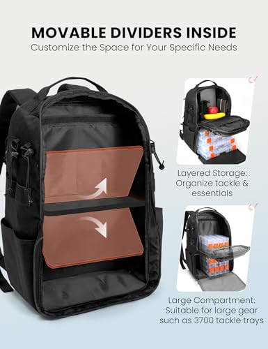 Tackle Backpack Fishing Bags with Rod Holder (Black)