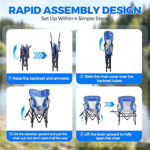 2 Pack Camping Chairs with Side Table & Cup Holder 400 lbs (Blue)