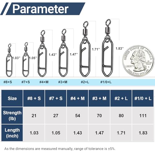 Stainless Steel Fishing Swivels Lure Tackle Clips Snap Swivels Strength Barrel Saltwater Swivel Fishing Rolling Black Nickel (Size 4+M (54lb) 50 pcs)