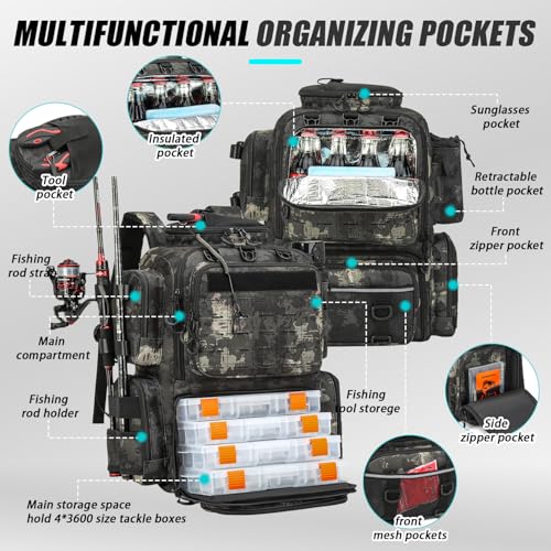 Tactical Fishing Backpack with 4 Tackle Boxes (Black CM)