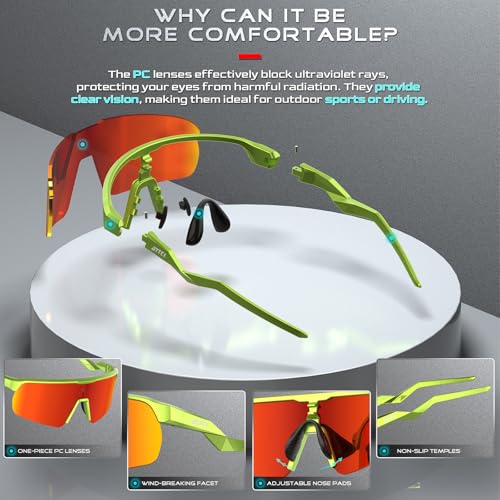 Lightweight Running Sunglasses Women Men Wrap Around UV400 Sports (2026-green Frame-red Lens /Mirrored)