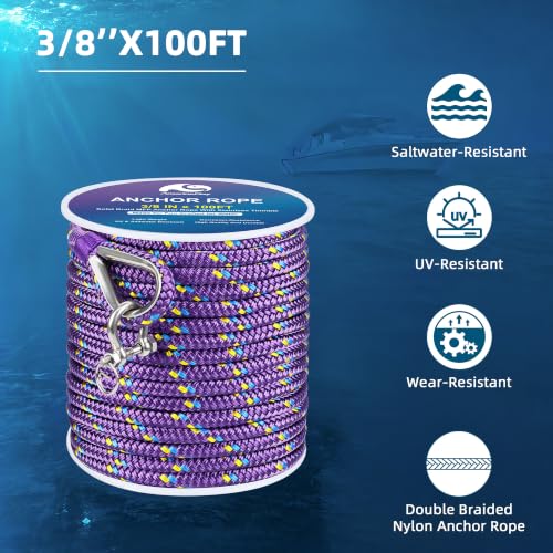 Boat Anchor Chain and Rope Kit (3/8 Inch 100 FT Rope with 3/16Inch 6FT Chain)