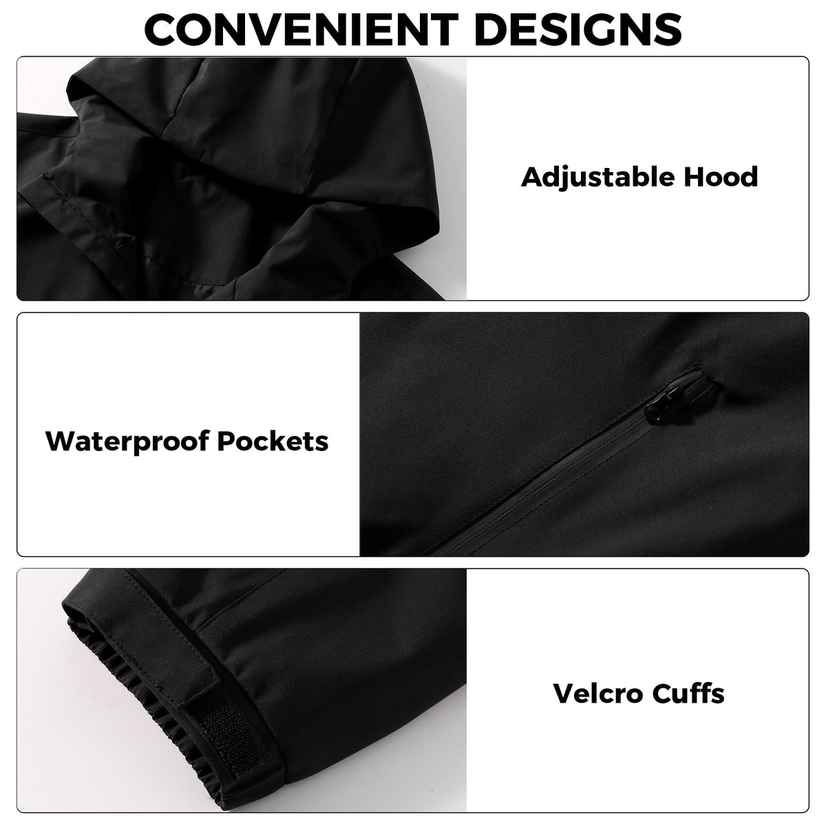 Men's Rain Jackets Waterproof with Hood Reflective Lightweight (Medium / Black)