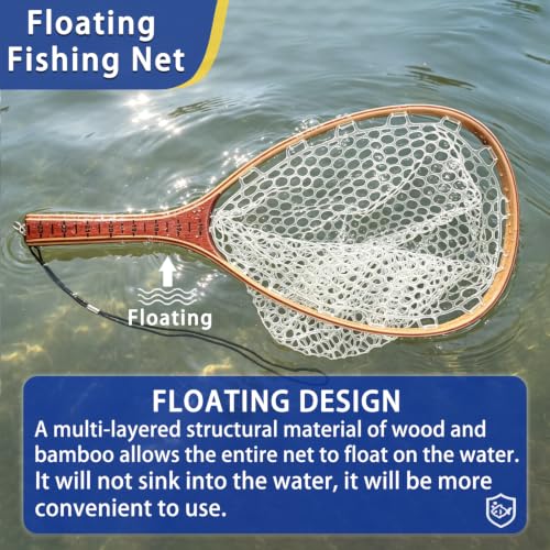 Fly Fishing Landing Net Trout Soft 23.62in Rubber Catch and Release Fish Net with Wooden Handle Frame Magnetic Fly Fish Net