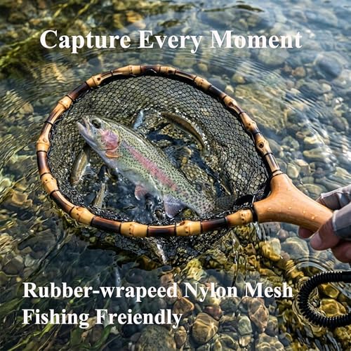 Floating Handcrafted Bamboo Fly Fishing Landing Net (Middle / Straight Handlebar / Glued mesh)