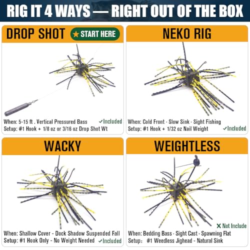 Fuzzy-Dice-Bass-Fishing-Lure-Kit-Soft-Plastic-Cube-Baits with Wacky Hooks & Nail Weights,Drop Shot Weights - Finesse Rig for Smallmouth & Largemouth Bass, FFS Optimized (Square Skirted Dice Kit) (Square Skirted Dice Kit)