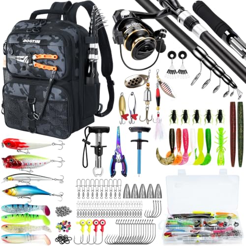 Fishing Backpack with Tackle Boxes & Lures Kit Lightweight 25L Tackle Bag with Fishing Gear and Rod Holder