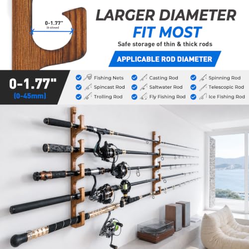 H5W Solid Wood Fishing Rod Holder (Dark Brown / 1pack holds up 5 rods)