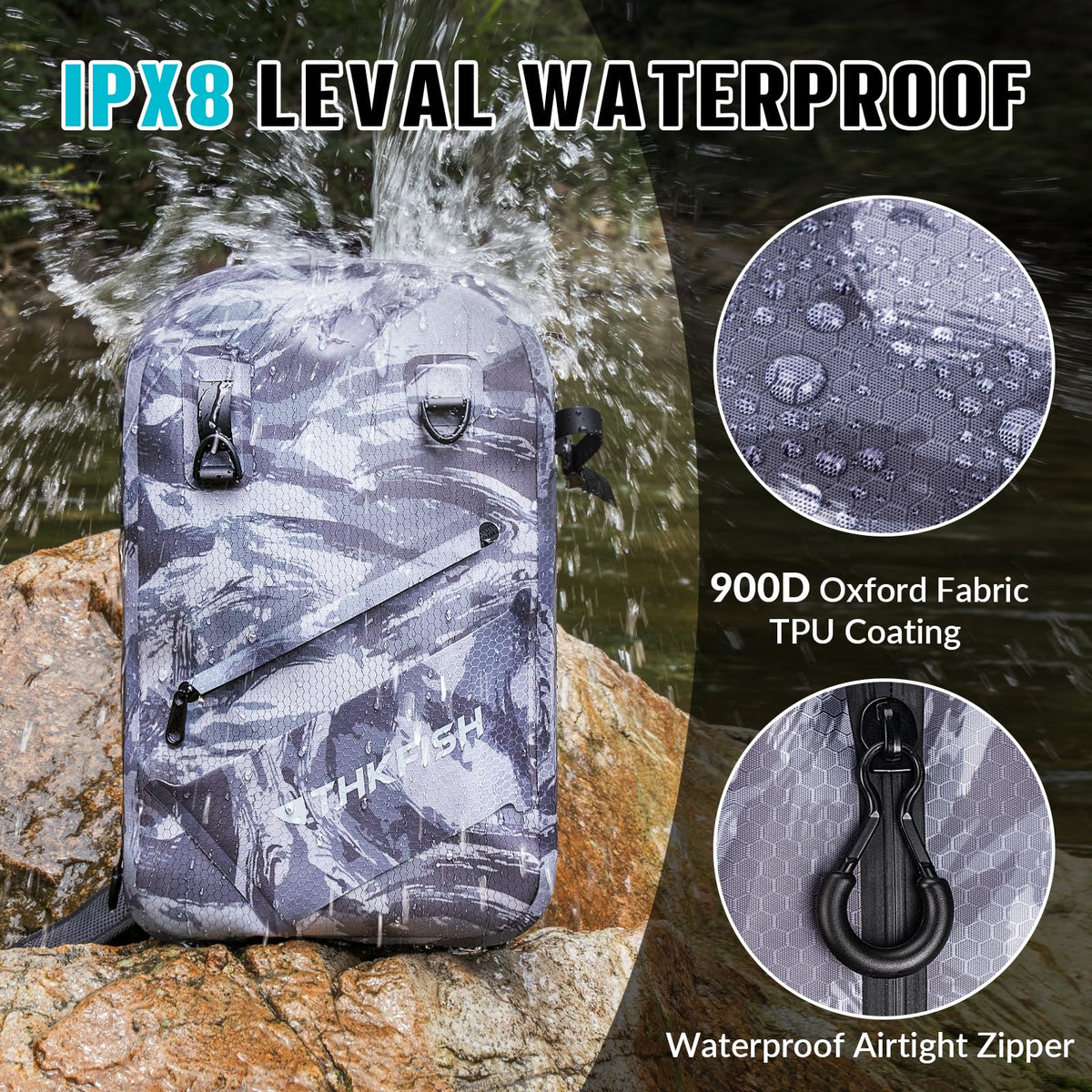 IPX8 Waterproof Fishing Backpack with Rod Holder (Camo-sling Bag)