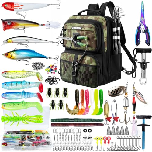 Fishing Backpack with Tackle Boxes & Lures Kit Lightweight 25L Tackle Bag with Fishing Gear and Rod Holder (Khaki Camo Backpack)
