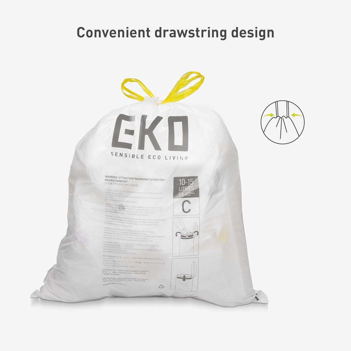4 Gallon / 10-15 Liter, 80 Count Small Drawstring Trash Bags, Extra-Strong Unscented Garbage Bags, Easy-Dispense Roll for Kitchen & Household Use, Resists Tears, Leaks and Punctures, Code C, White (80 Count (Pack of 1) / 4 Gallon Bags/Code C)