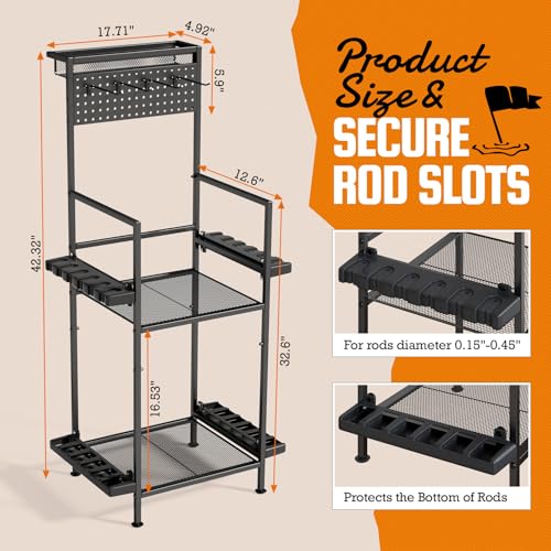 Fishing Rod Holders for Garage with Pegboard & Metal Mesh Basket