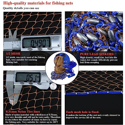 1 2 Saltwater Fishing Cast Net for Bait Trap with Heavy Lead Sinkers Fish Throw Net. Size 3ft (8FT (240cm) Radius / Lead Sinkers-0.5 in Mesh-tire Lines)