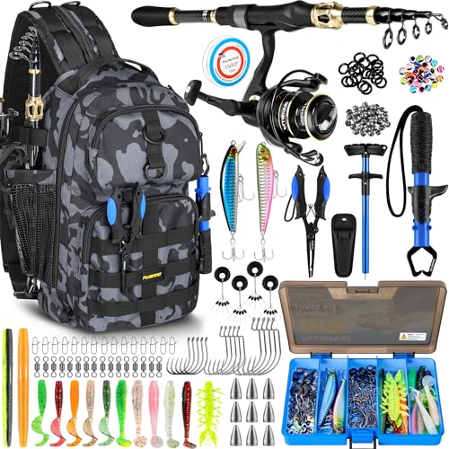 Fishing Backpack with Rod & Reel Combos (Black Camo Backpack With Rod and Reel Combo)
