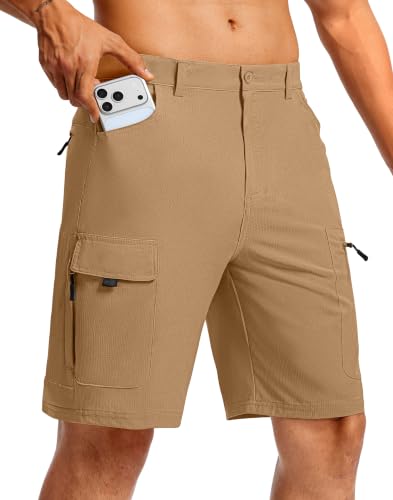 Men's Hiking Cargo Shorts 9" Lightweight Quick Dry 6 Pockets (Large / Dark Khaki)