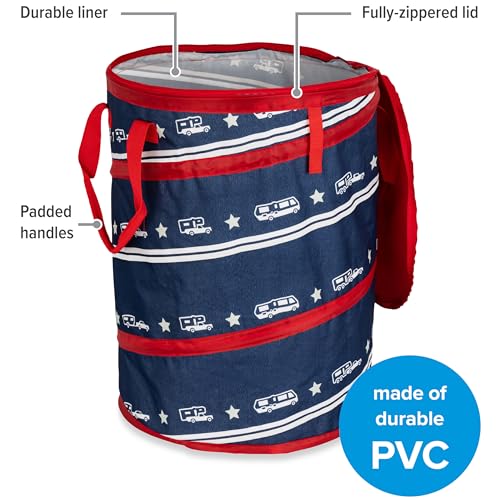 Campsite Pop Up Utility Container with Liner and Zipper Close Lid for RV Storage (Patriotic)