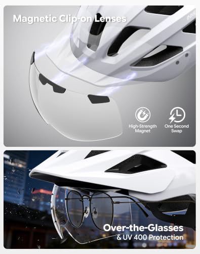 Adult Bike Helmet Rear Light & OTG Magnetic Goggles for Men Women (White&Clear / Large)