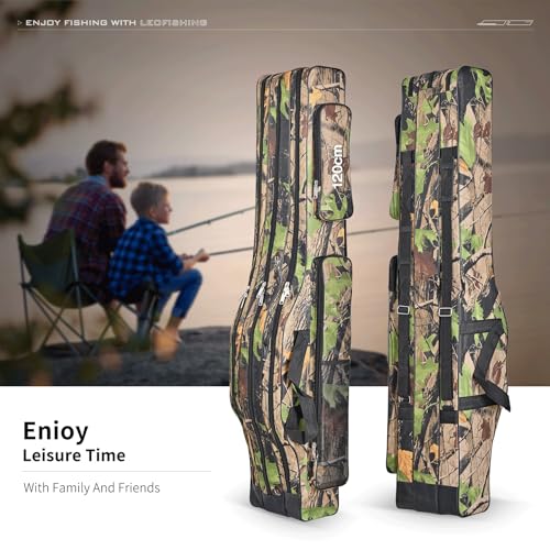 Portable 3 Layers Fishing Pole Bag Durable Oxford Folding Fishing Rod Reel Carry Case Tackle Storage Bag Case Waterproof Camouflage Travel Fishing Carrier (Yellow Camouflage / 47in)