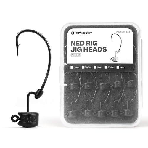 20Pack Weedless Ned Rig Jig Heads with Molded Bait Keeper for Bass Fishing (Black / Assorted)
