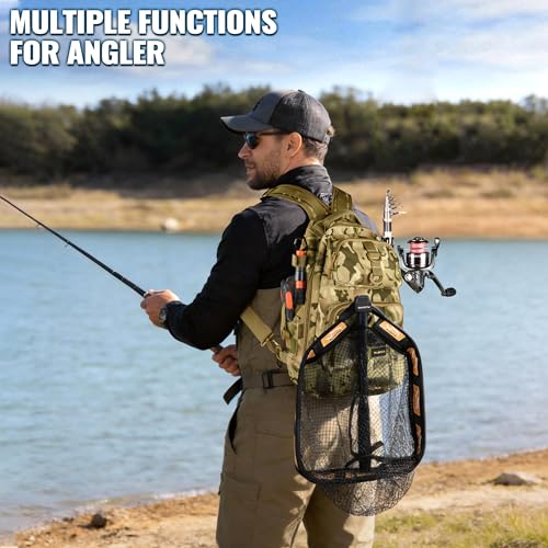 Fishing Backpack with Fishing Net (Khaki Camo Backpack With Fishing Net)