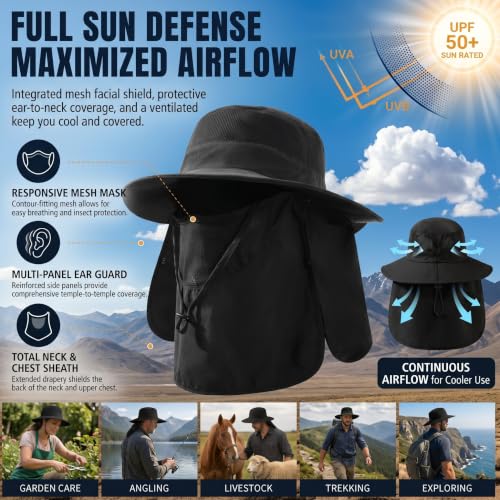 Men's Sun Hat Fishing Hat Boonie Hat UPF 50+ Wide Brim Outdoor Work Hat with Breathable Mesh and Chin Strap for Outwork
