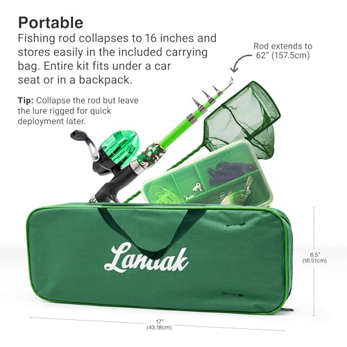 Beginner Kids Fishing Pole & Tackle Box (Green / 1.5m or 4.9 FT)