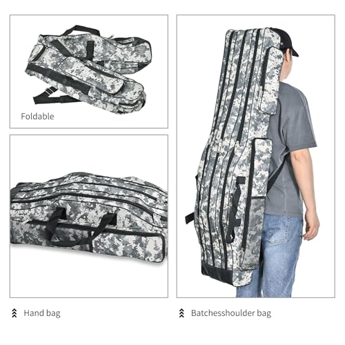 Portable 3 Layers Fishing Pole Bag Durable Oxford Folding Fishing Rod Reel Carry Case Tackle Storage Bag Case Waterproof Camouflage Travel Fishing Carrier (Grey Camouflage / 59in)