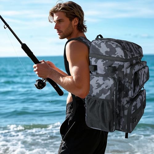 Fishing Tackle Backpack With Rod Holders (Camouflage Black)