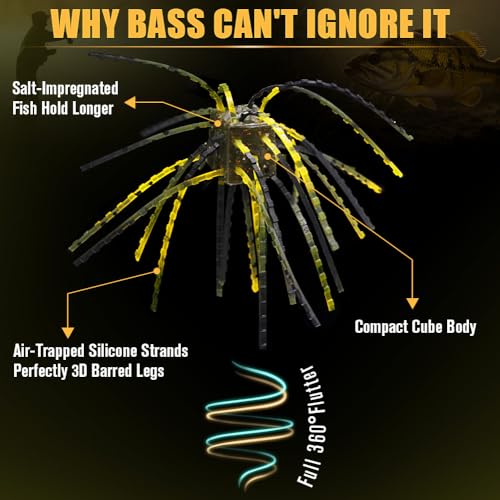 Fuzzy-Dice-Bass-Fishing-Lure-Kit-Soft-Plastic-Cube-Baits with Wacky Hooks & Nail Weights,Drop Shot Weights - Finesse Rig for Smallmouth & Largemouth Bass, FFS Optimized (Square Skirted Dice Kit) (Square Skirted Dice Kit)