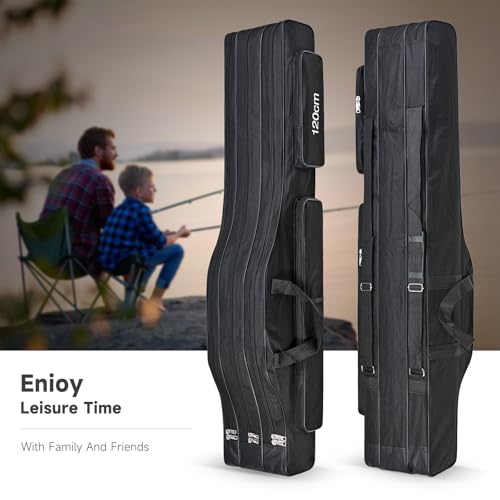 Portable 3 Layers Fishing Pole Bag Durable Oxford Folding Fishing Rod Reel Carry Case Tackle Storage Bag Case Waterproof Camouflage Travel Fishing Carrier (Black / 150cm/59")