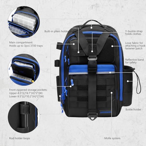 Convertible Fishing Backpack Sling Bag with Rod Holder (Black/Royal Blue / Large)