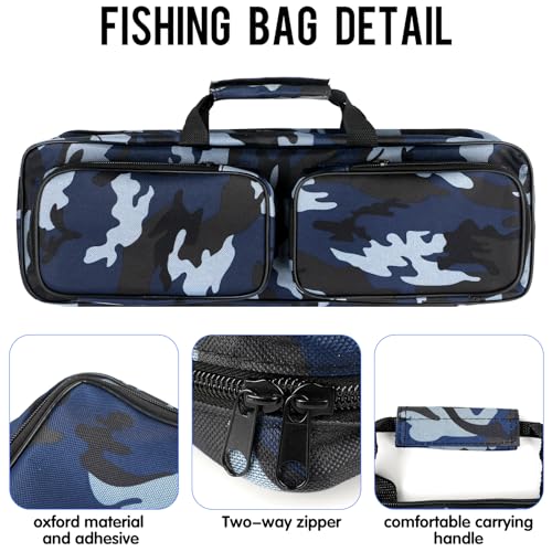 Fishing Tackle Carrier Bag with 2 Front Storage Pockets for Telescopic Rod (Blue Camo)