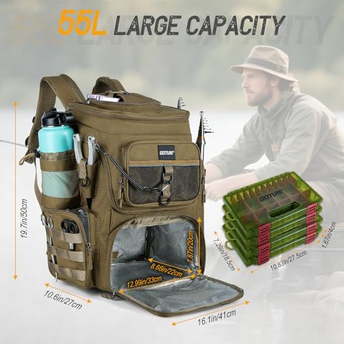 Fishing Backpack with 4 Tackle Boxes (A3:khaki(4 Tackle Boxes Included))