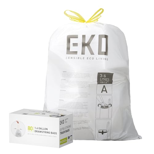 1.6 Gallon / 3-6 Liter, 80 Count Small Drawstring Trash Bags, Extra-Strong Unscented Garbage Bags, Easy-Dispense Roll for Kitchen & Household Use, Resists Tears, Leaks and Punctures, Code A, White (80 Count (Pack of 1) / 1.6 Gallon Bags/Code A)