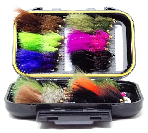 36 Beadhead and Cone Head Wooly Bugger Fly Assortment with Waterproof Fly Box for Trout (36 Woolly Bugger+Fly Box)
