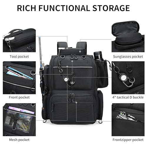 Fishing Tackle Backpack with Rod Holders (Black)