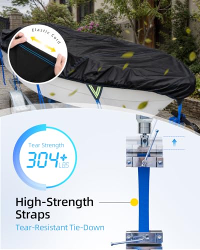 1200D Bass Fishing Boat Cover Waterproof with Reflective Strips (Black / For 17'-19' Length, Beam Width up to 96")