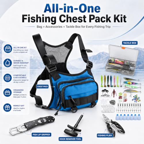 All in One Fishing Chest Pack Tackle Bag with Tackle Box (Blue)