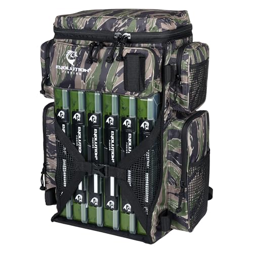 Evolution Fishing Drift Series 3700 Tackle Backpack with QuikLatch System & 2 Rod Holders (3700 / Tiger Stripe)