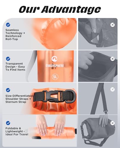 Waterproof Small Dry Bag with Phone Case & Emergency Whistle 5L (Orange / 5L)