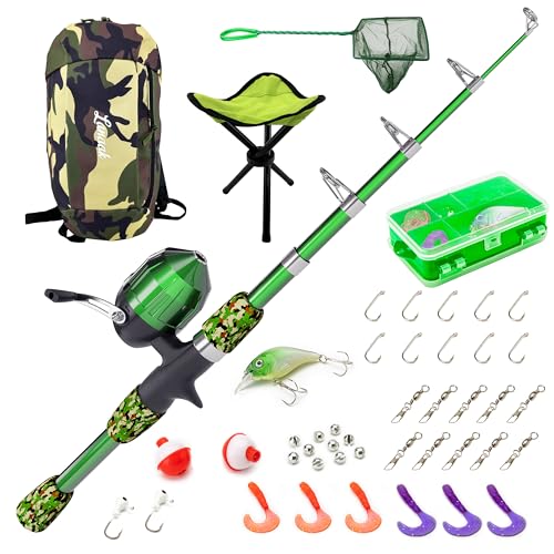 Beginner Kids Fishing Pole & Tackle Box (Camo Green / 1.5m or 4.9 FT)