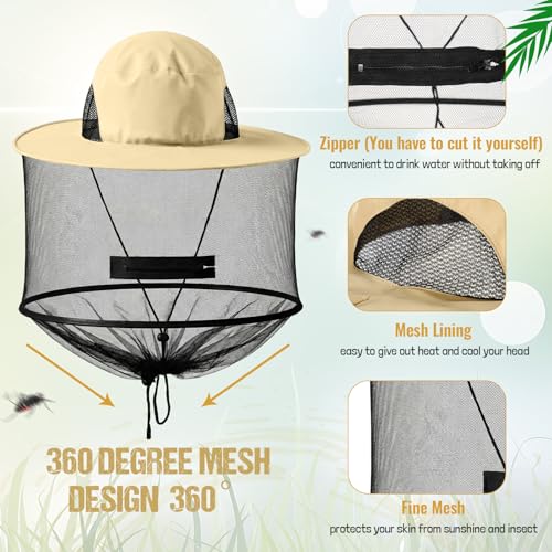4 Pcs Mosquito Net Hat Sun Hat Mesh Fishing Bucket Cap Garden Bug Cap Face Cover with Zipper for Men Women (Light Gray, Beige, Dark Beige, Dark Gray)