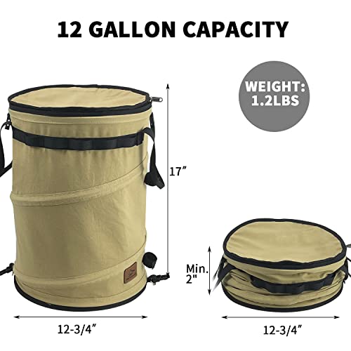 Pop Up Storage Bin Collapsible Trash Can Recycle Container Reusable Utility Bag with Zippered Lid for Camping (khaki color)