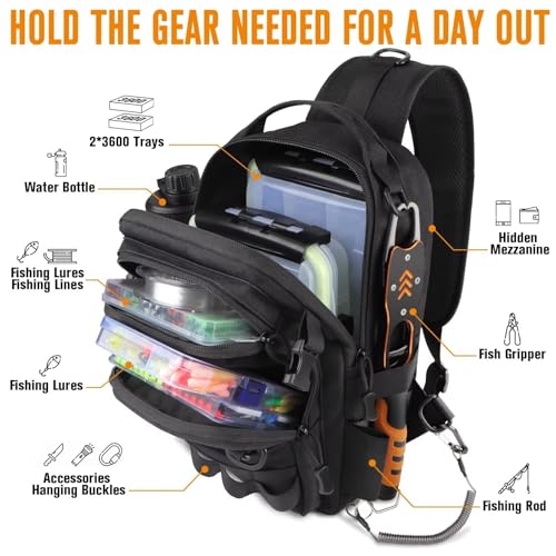 Small Fishing Backpack with Tackle Boxes Fishing Sling Bag DIY Embroidery Patches Tackle Bag Gift for Men Black (A: Fishing Tackle Backpack(black))