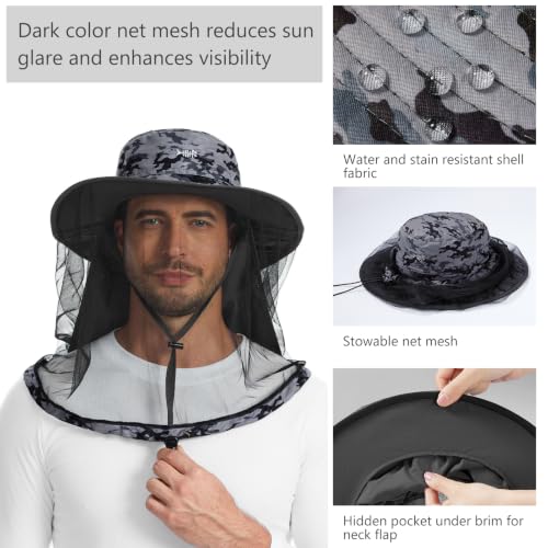 Unisex UPF 50+ Mosquito Net Hat with Neck Flap FH17 (Large / Storm Camo)