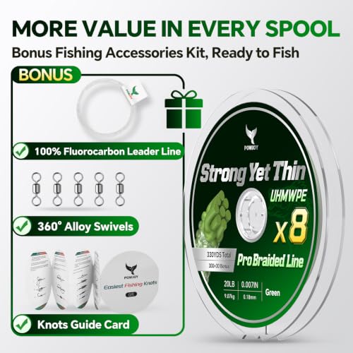 8 Strand Braided Fishing Line 20 & Fluorocarbon Leader (Green / 20LB 330YDS)