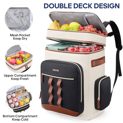 Backpack Cooler Insulated Leakproof 50Cans Lunch Ice Chest Bag Double Deck (White)
