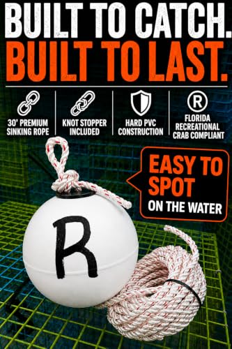 White w/R (Florida Compliant) 6" PVC Fishing Marker Buoy - Crab Trap, Crab Pot & Lobster Trap Float with 30' Sinking Rope & Knot Stopper - 1 Pack (6" / White w/ R (Florida Compliant))