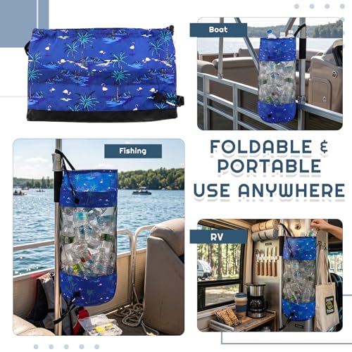Portable Boat Trash Bag Boat Accessories Container Outdoor Medium Hoop Mesh Trash Bag Reusable Garbage Container Cabin Storage for Men Women Kayak Camper Fishing (Dark Blue / Palm Tree)
